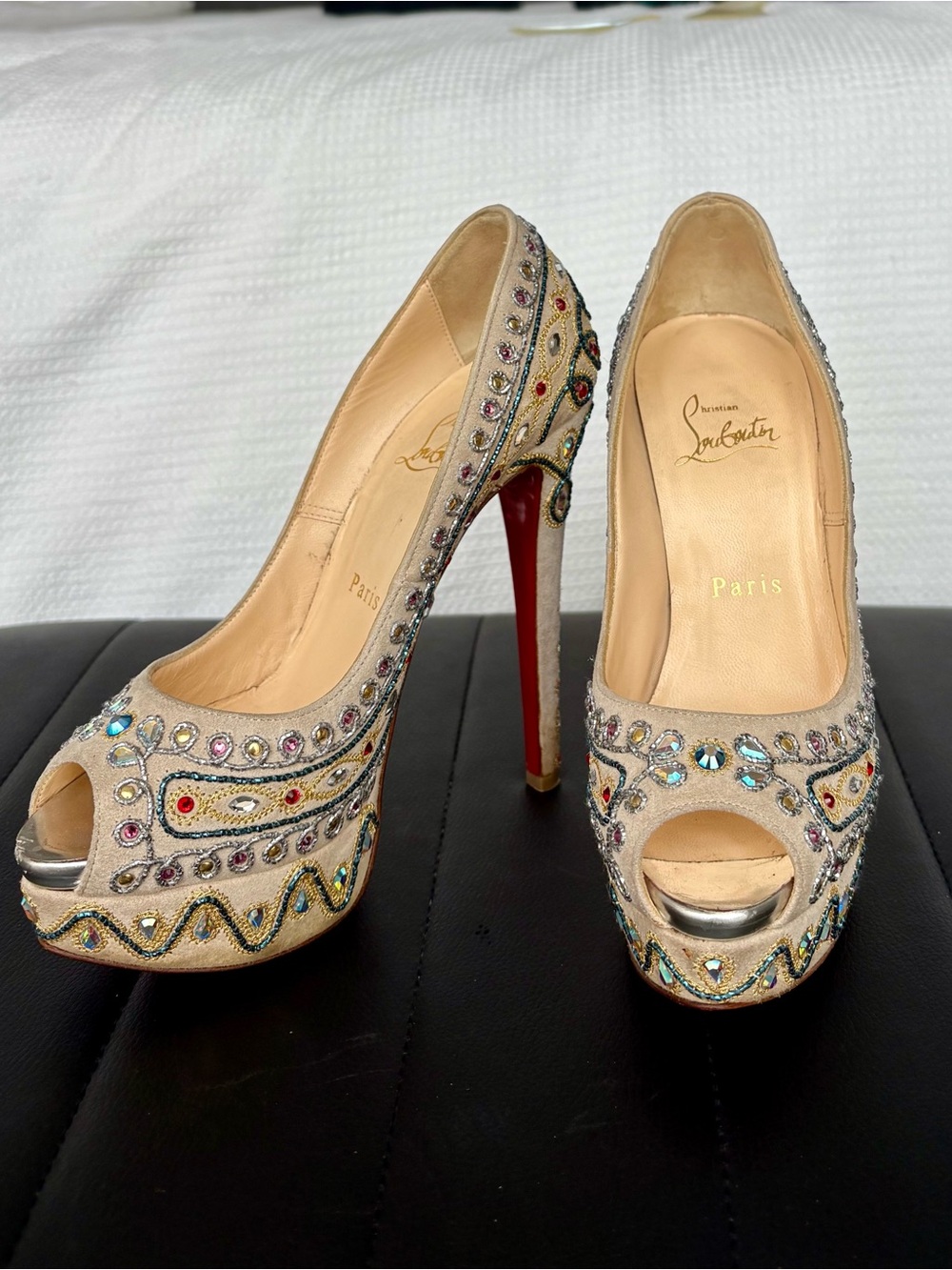 Christian Louboutin Beige Embellished Peep-Toe Platform Pumps